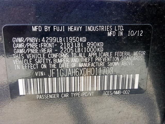 JF1GJAH6XDH011708 - 2013 SUBARU IMPREZA LI GRAY photo 10