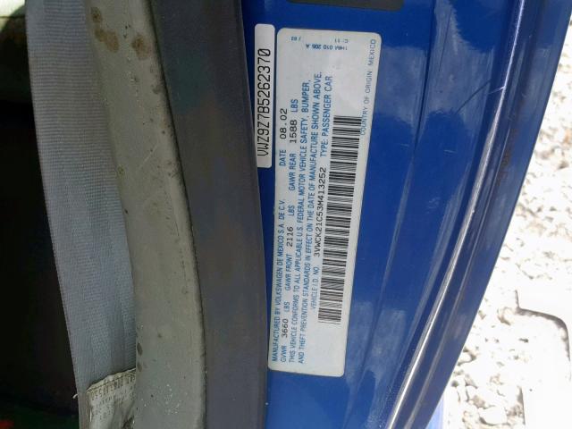 3VWCK21C53M413252 - 2003 VOLKSWAGEN NEW BEETLE ლურჯი ფოტო 10