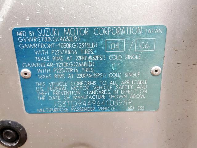 JS3TD944964103939 - 2006 SUZUKI GRAND VITA SILVER photo 10