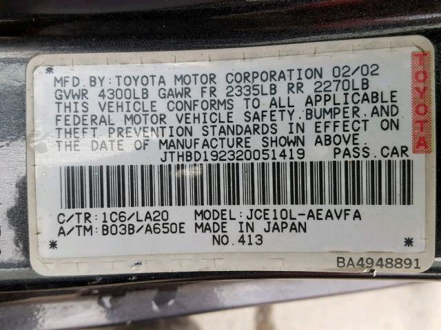 JTHBD192320051419 - 2002 LEXUS IS 300 GRAY photo 10