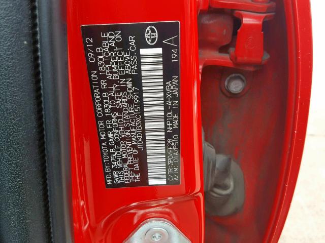 JTDKDTB3XC1519917 - 2012 TOYOTA PRIUS C RED photo 10