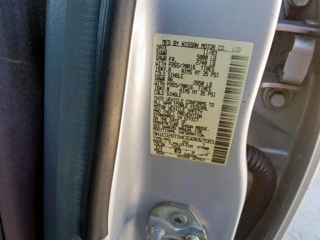 5N1ED28T94C608295 - 2004 NISSAN XTERRA XE SILVER photo 10