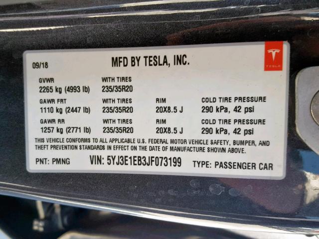 5YJ3E1EB3JF073199 - 2018 TESLA MODEL 3 GRAY photo 10