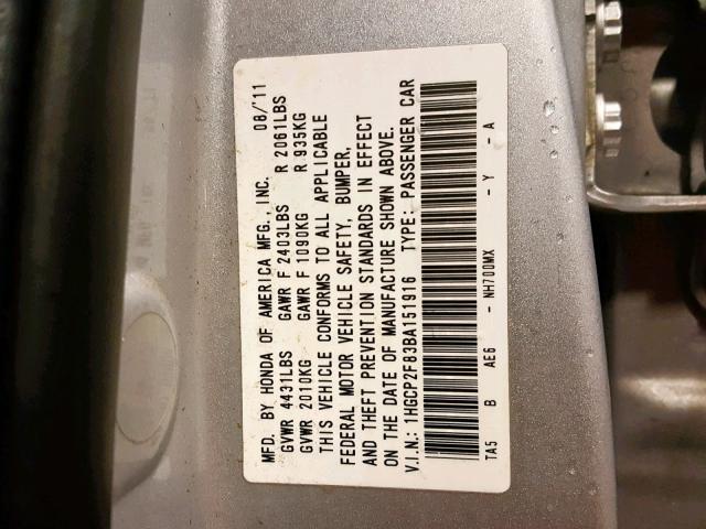 1HGCP2F83BA151916 - 2011 HONDA ACCORD EXL SILVER photo 10