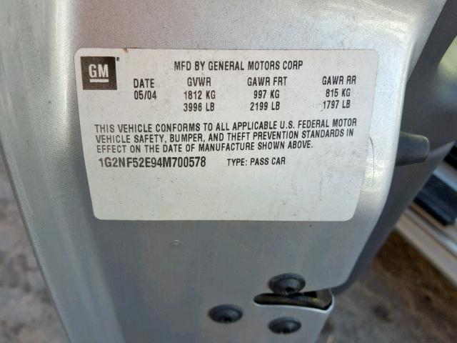 1G2NF52E94M700578 - 2004 PONTIAC GRAND AM S SILVER photo 10