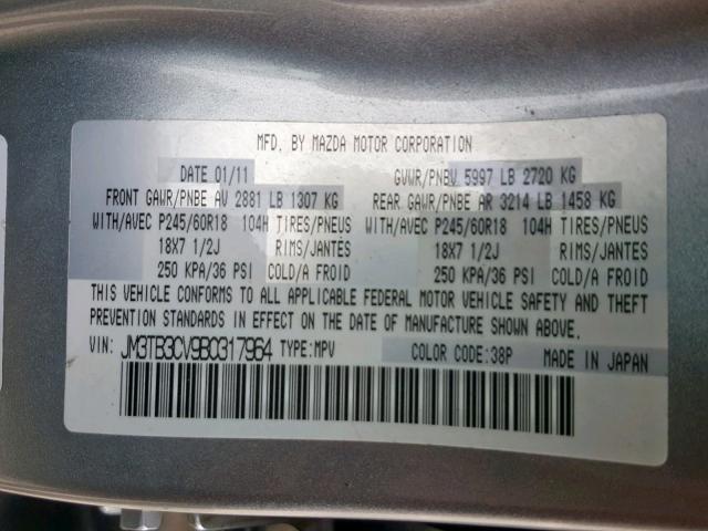 JM3TB3CV9B0317964 - 2011 MAZDA CX-9 GRAY photo 10