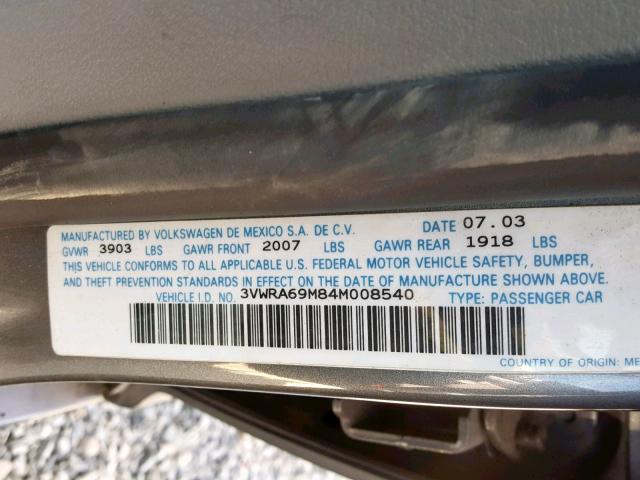 3VWRA69M84M008540 - 2004 VOLKSWAGEN JETTA GL GRAY photo 10