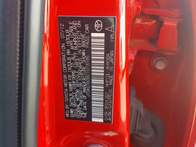 JTDKDTB3XC1018185 - 2012 TOYOTA PRIUS C RED photo 10