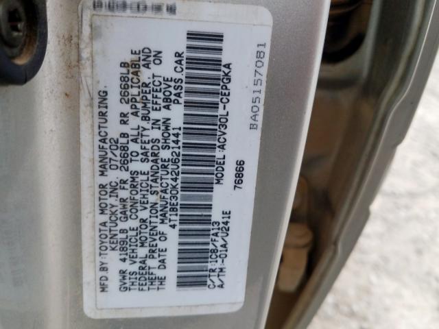 4T1BE30K42U621441 - 2002 TOYOTA CAMRY LE  photo 10