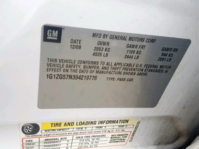 1G1ZG57N394219776 - 2009 CHEVROLET MALIBU LS WHITE photo 10