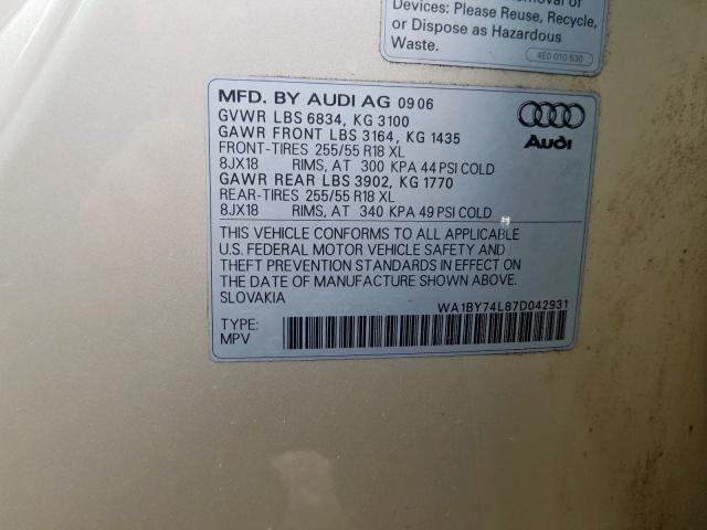 WA1BY74L87D042931 - 2007 AUDI Q7 3.6 QUATTRO PREMIUM  photo 10