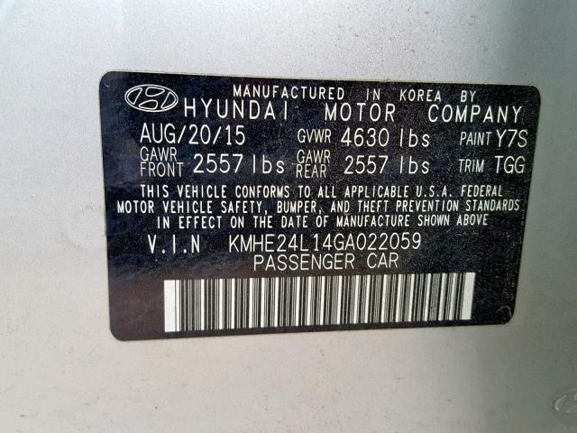 KMHE24L14GA022059 - 2016 HYUNDAI SONATA HYB SILVER photo 10