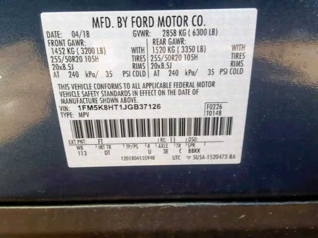 1FM5K8HT1JGB37126 - 2018 FORD EXPLORER P BLUE photo 10