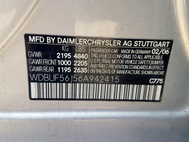 WDBUF56J56A942415 - 2006 MERCEDES-BENZ E 350 SILVER photo 10