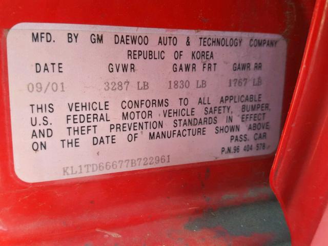 KL1TD66677B722961 - 2007 CHEVROLET AVEO BASE Қызыл фото 10