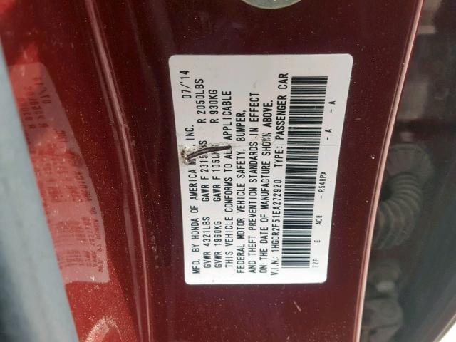 1HGCR2F51EA272920 - 2014 HONDA ACCORD SPO MAROON photo 10
