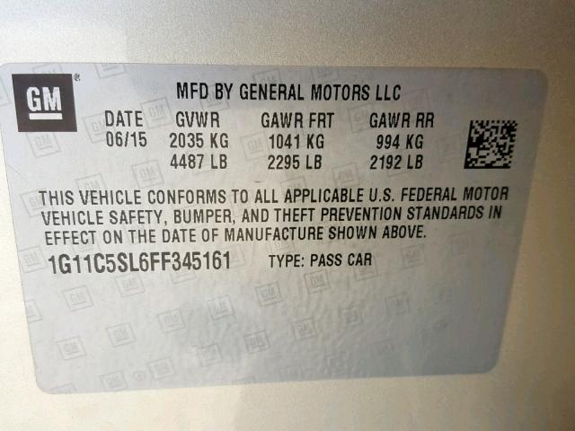 1G11C5SL6FF345161 - 2015 CHEVROLET MALIBU 1LT 金色 照片 10