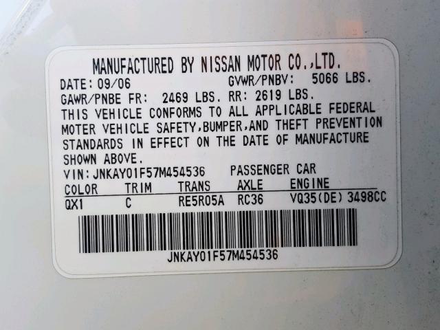 JNKAY01F57M454536 - 2007 INFINITI M35 BASE WHITE photo 10