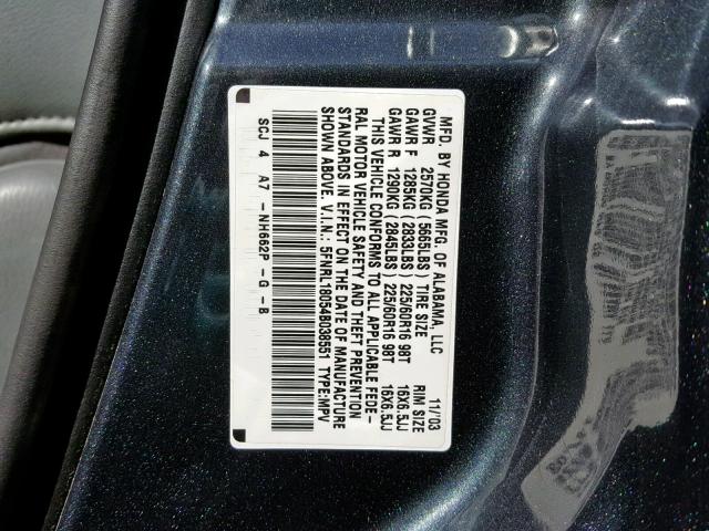 5FNRL18054B038551 - 2004 HONDA ODYSSEY EX GRAY photo 10