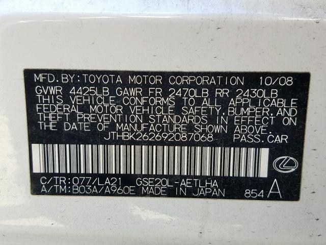 JTHBK262692087068 - 2009 LEXUS IS 250 WHITE photo 10