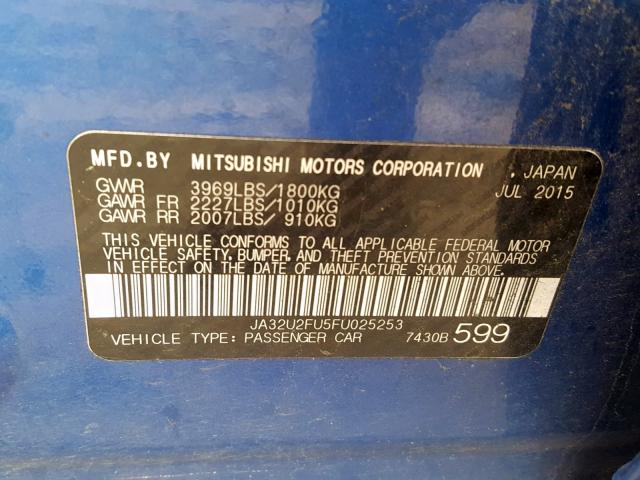 JA32U2FU5FU025253 - 2015 MITSUBISHI LANCER ES BLUE photo 10