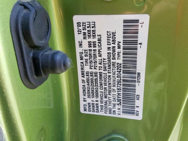 5J6YH18726L004202 - 2006 HONDA ELEMENT EX GREEN photo 10