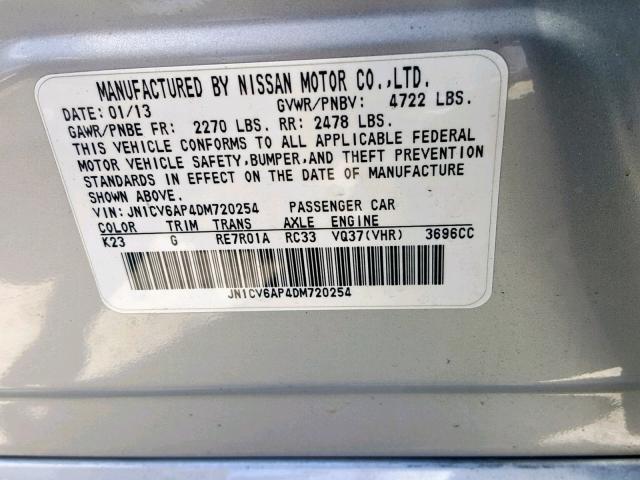 JN1CV6AP4DM720254 - 2013 INFINITI G37 BASE SILVER photo 10