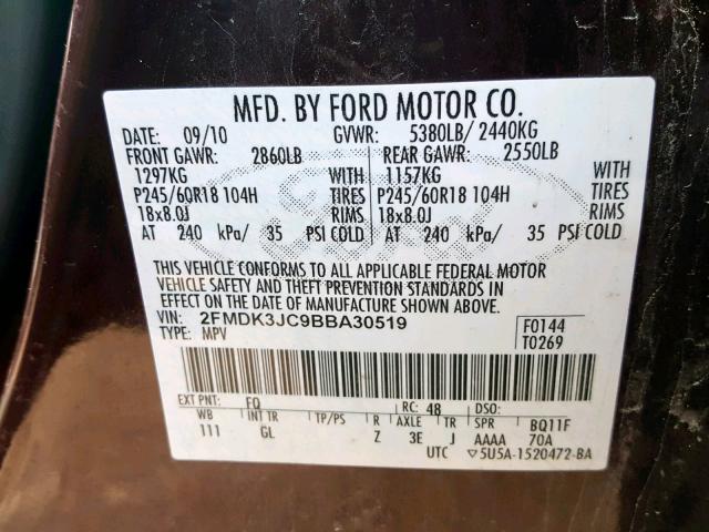 2FMDK3JC9BBA30519 - 2011 FORD EDGE SEL PURPLE photo 10