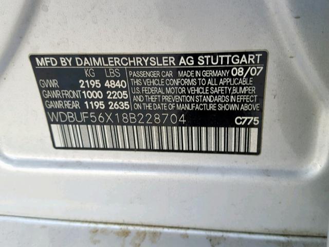 WDBUF56X18B228704 - 2008 MERCEDES-BENZ E 350 SILVER photo 10