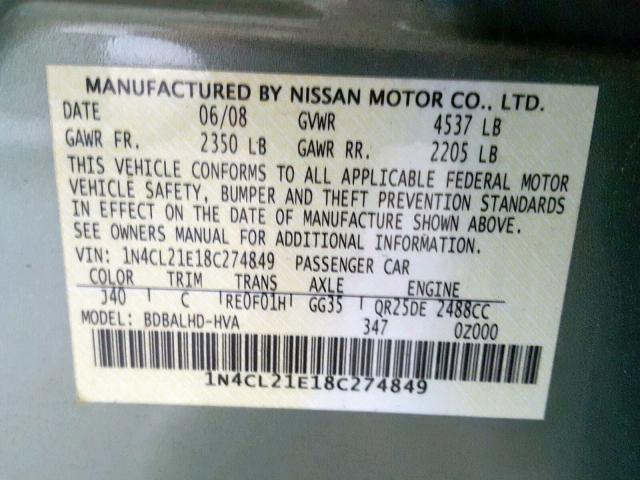 1N4CL21E18C274849 - 2008 NISSAN ALTIMA HYB GREEN photo 10