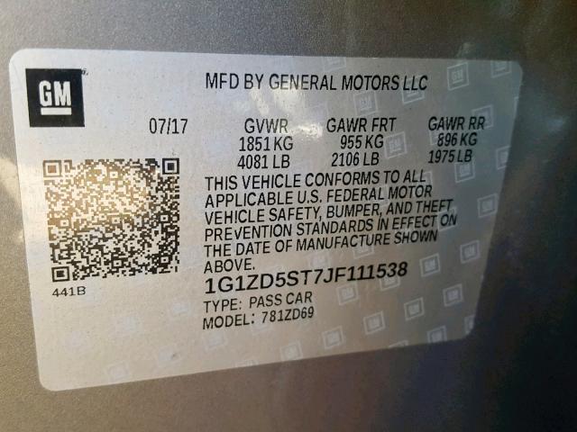 1G1ZD5ST7JF111538 - 2018 CHEVROLET MALIBU LT BEIGE photo 10