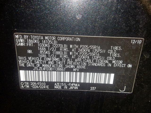 JTLZE4FE0B1138867 - 2011 TOYOTA SCION XB BLACK photo 10