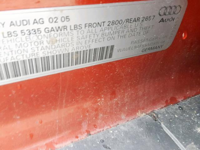 WAUEL94F55N099048 - 2005 AUDI A6 S-LINE RED photo 10