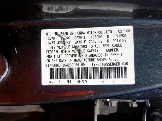 JHMCP26428C059199 - 2008 HONDA ACCORD LXP GRAY photo 10