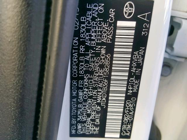 JTDKDTB36F1582856 - 2015 TOYOTA PRIUS C WHITE photo 10