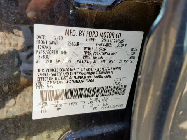 2FMDK3JC9BBA65206 - 2011 FORD EDGE SEL BLACK photo 10