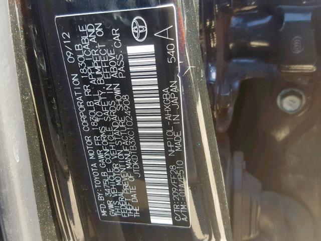 JTDKDTB3XC1024908 - 2012 TOYOTA PRIUS C BLACK photo 10