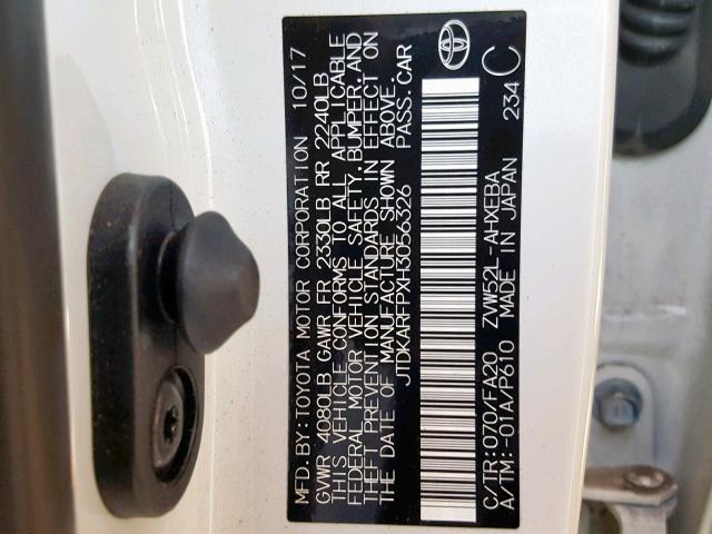 JTDKARFPXH3056326 - 2017 TOYOTA PRIUS PRIM 白色 照片 10