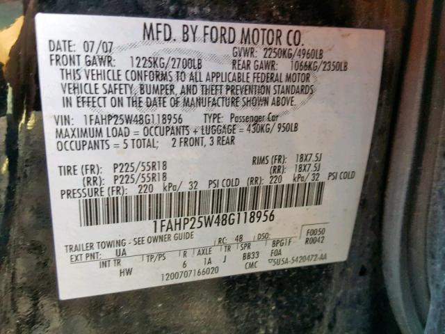 1FAHP25W48G118956 - 2008 FORD TAURUS LIM BLACK photo 10