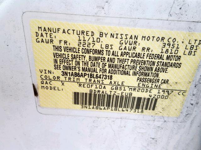 3N1AB6AP1BL647318 - 2011 NISSAN SENTRA 2.0 WHITE photo 10