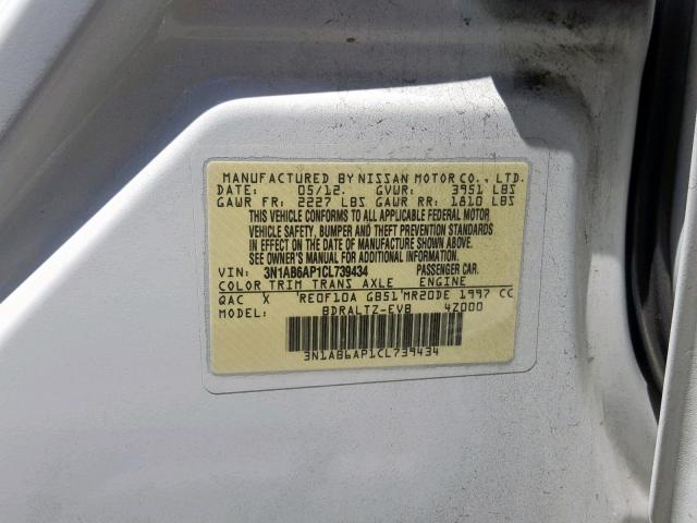 3N1AB6AP1CL739434 - 2012 NISSAN SENTRA 2.0 WHITE photo 10