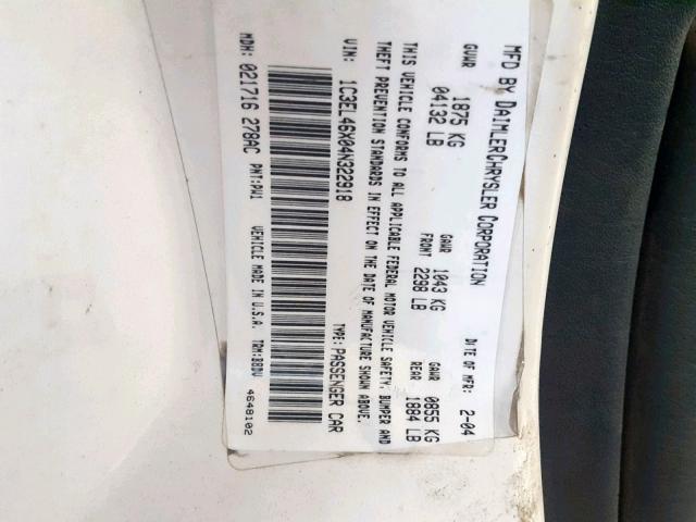 1C3EL46X04N322918 - 2004 CHRYSLER SEBRING LX WHITE photo 10