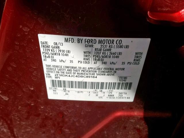 2FMDK4JC4DBC89184 - 2013 FORD EDGE SEL RED photo 10