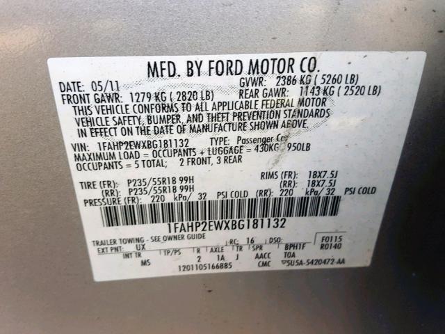 1FAHP2EWXBG181132 - 2011 FORD TAURUS SEL GRAY photo 10