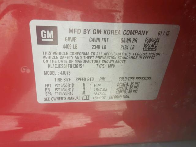 KL4CJESB1FB136151 - 2015 BUICK ENCORE RED photo 10