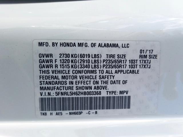 5FNRL5H62HB003368 - 2017 HONDA ODYSSEY EXL  photo 10