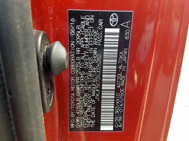 JTKJF5C72GJ026282 - 2016 TOYOTA SCION TC RED photo 10