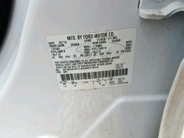 2FMDK4KC4ABB17814 - 2010 FORD EDGE LIMIT WHITE photo 10