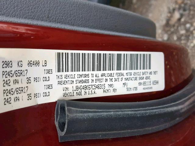 1J8HG48K67C546315 - 2007 JEEP COMMANDER RED photo 10