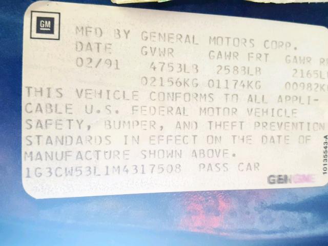 1G3CW53L1M4317508 - 1991 OLDSMOBILE 98 REGENCY BLUE photo 10